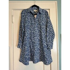 Ann Taylor LOFT Chambray Midi Pocket Shirtdress Size 4 Blue w/White Flowers